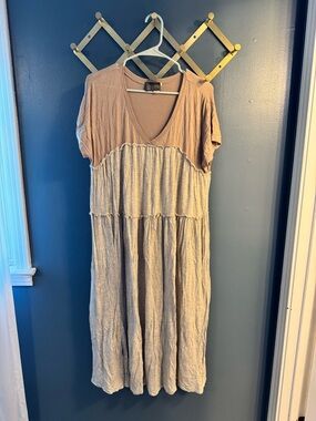 Anthropologie Two-Tone V-Neck Midi Dress - Taupe & Cream